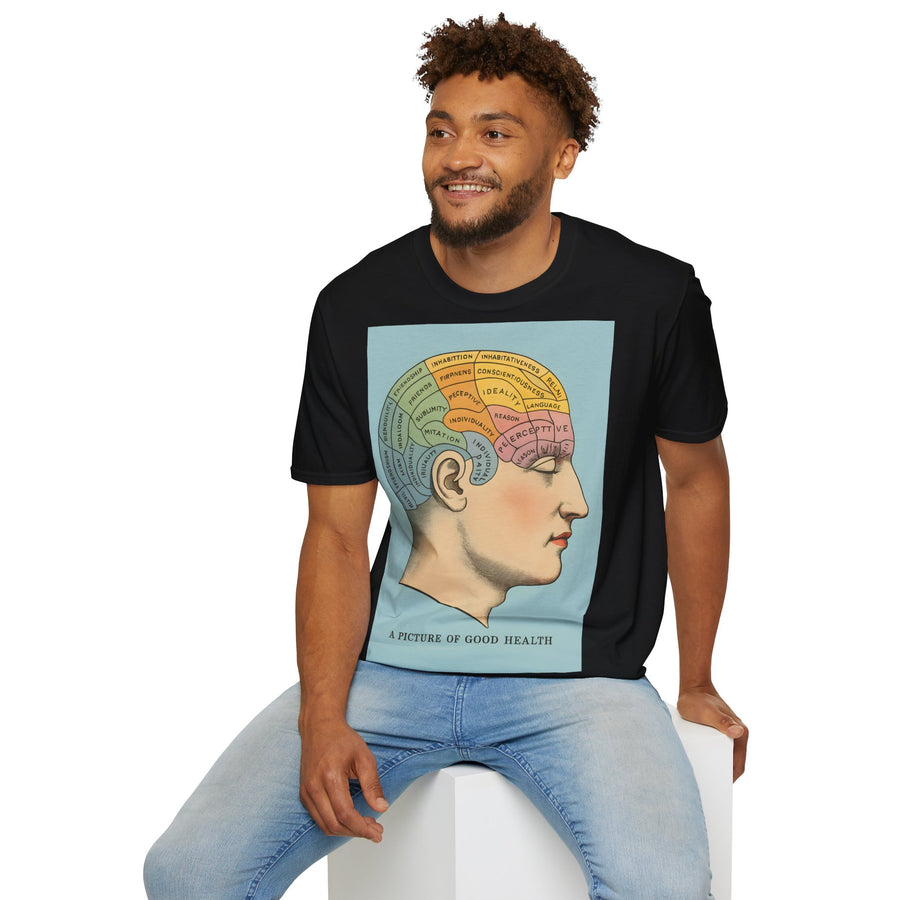 Dunkelbraunes T-Shirt präsentiert auf der Vorderseite ein Retro-Phrenologie-Diagramm mit bunten Hirnarealen und feiner Linienführung von True Insights.