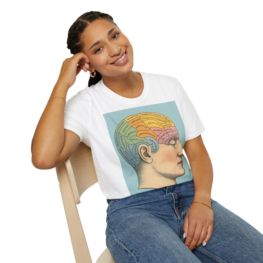 Zeigt ein dunkelbraunes T-Shirt mit retro Phrenologie-Diagramm in Frontansicht und farbigen Hirnarealen von True Insights.