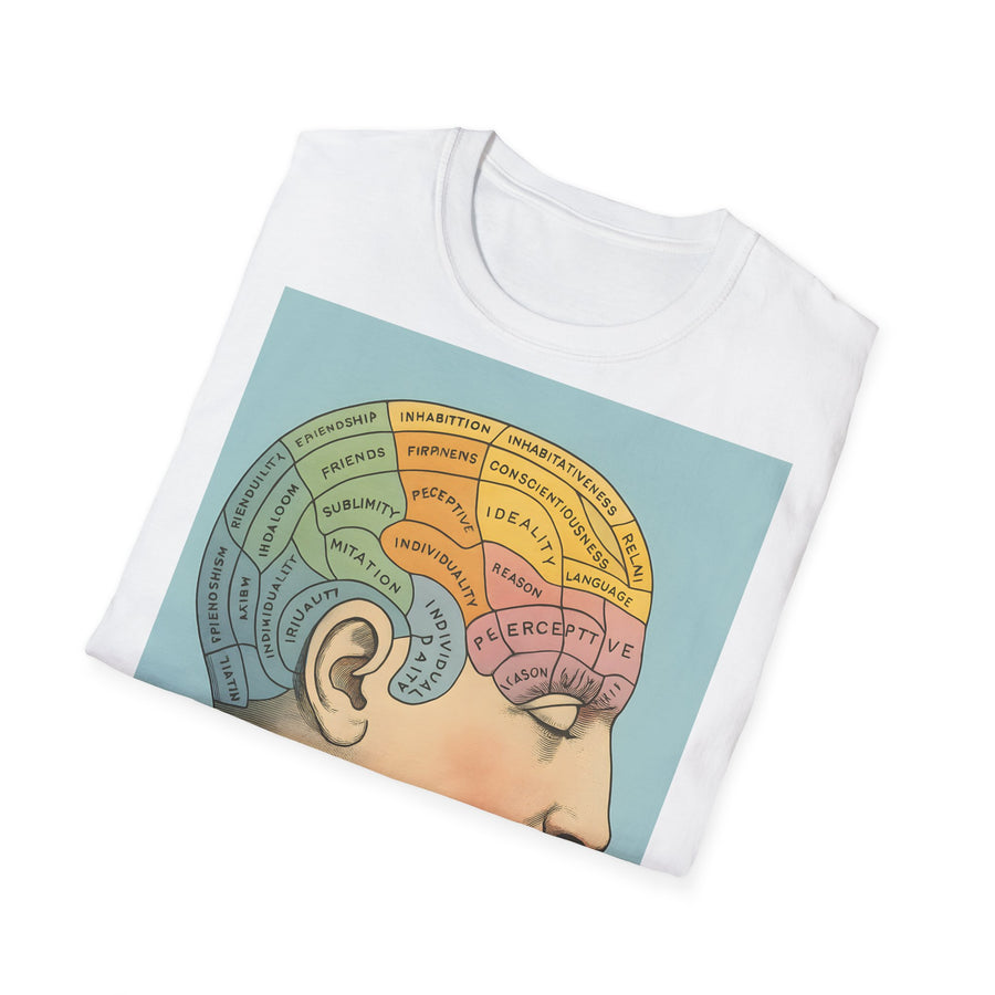 Das dunkelbraune T-Shirt zeigt frontal ein retro Phrenologie-Diagramm mit bunten Hirnarealen von True Insights.