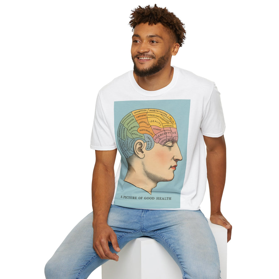 Ein dunkelbraunes T-Shirt in Frontansicht zeigt ein Retro-Phrenologie-Motiv mit bunten Hirnsegmenten und Schriftzug von True Insights.