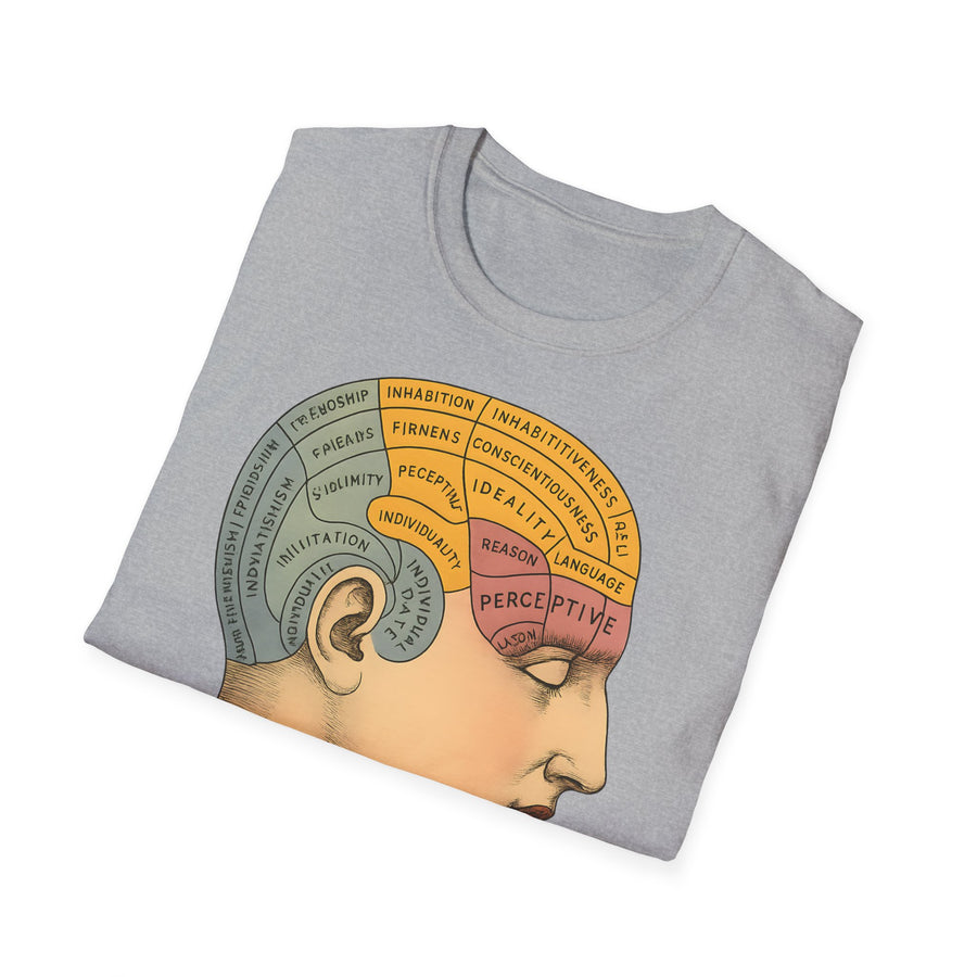 Das dunkelbraune T-Shirt zeigt frontal ein Retro-Phrenologie-Diagramm mit bunten Arealen und Titel „A Picture of Good Health“ von True Insights.