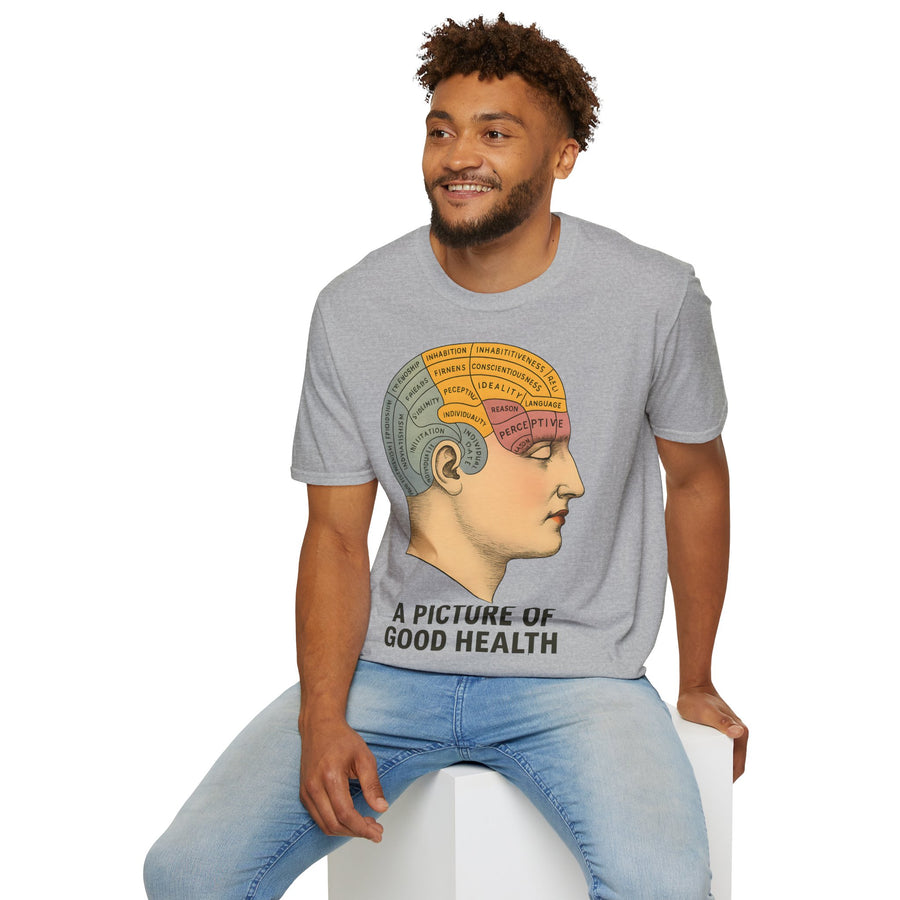 Ein dunkel schokoladenbraunes T‑Shirt zeigt vorn ein stilisiertes Phrenologie‑Diagramm im Retro‑Stil mit bunten Hirnarealen, aus dem Sortiment von True Insights.