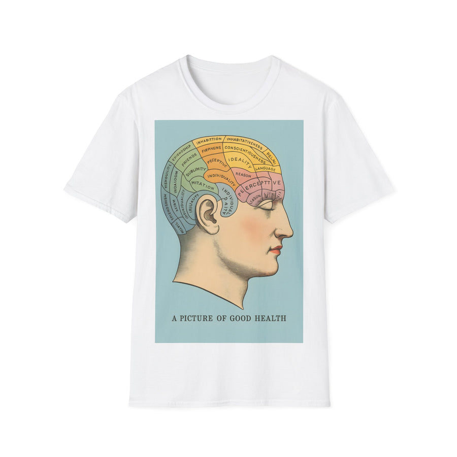 Das dunkelbraune T‑Shirt zeigt ein retro Phrenologie-Diagramm mit farbigen Hirnarealen und ironischem Schriftzug von True Insights.