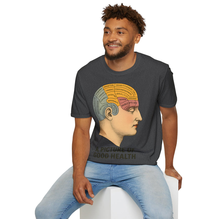 Das dunkelbraune T-Shirt zeigt frontal ein stilisiertes, farbenfrohes Phrenologie-Diagramm mit Retro-Schriftzug von True Insights.