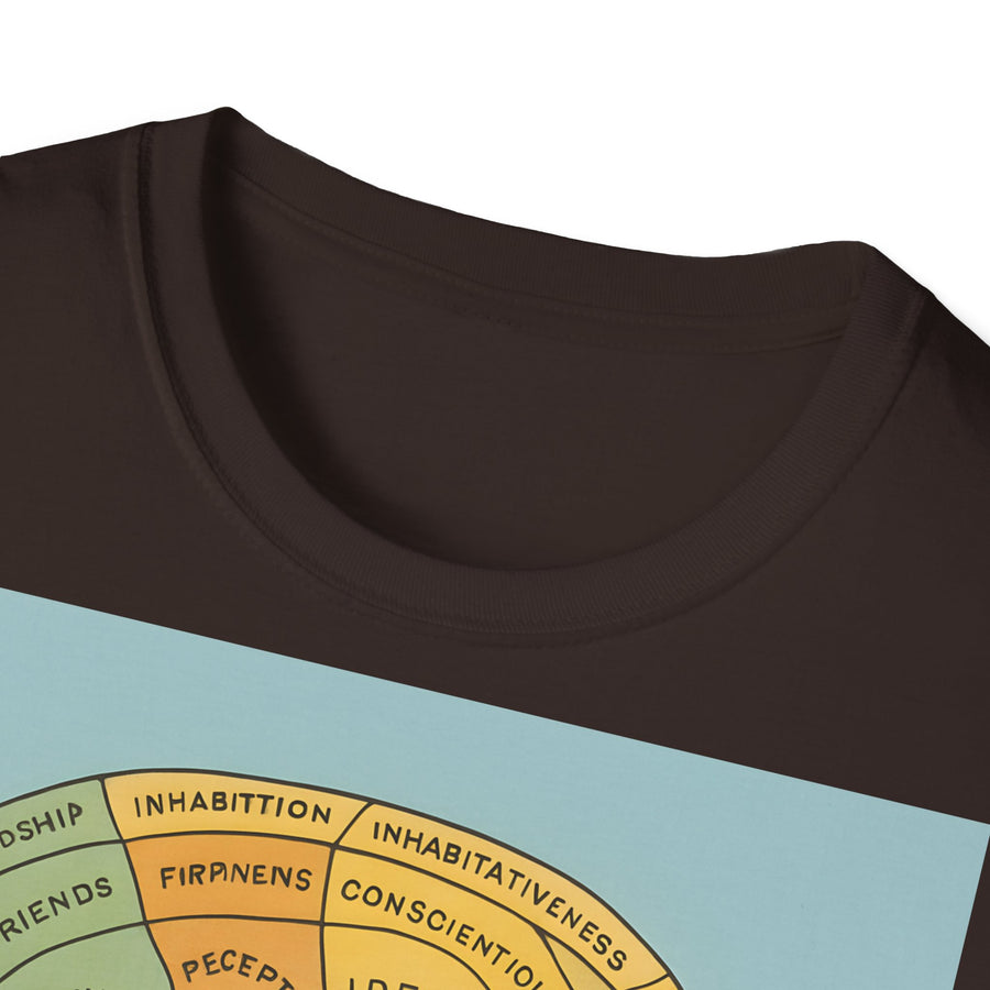 Ein dunkelbraunes T-Shirt in Frontansicht zeigt ein stilisiertes Phrenologie-Diagramm im Retro-Stil von True Insights.