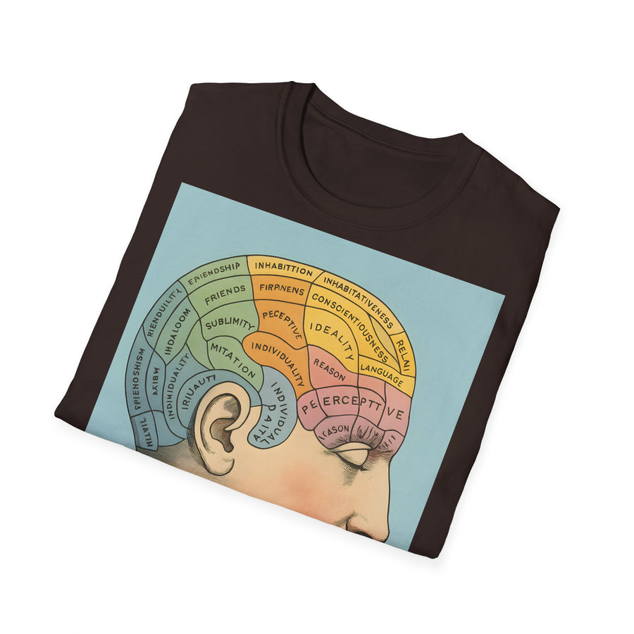 Ein dunkelbraunes T‑Shirt präsentiert vorn ein retro Phrenologie‑Diagramm mit farbigen Hirnarealen und feinen Linien, aus dem Sortiment von True Insights.
