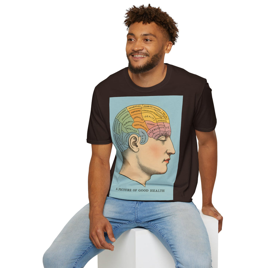 Das dunkelschokoladenfarbene T-Shirt zeigt ein frontales Retro-Phrenologie-Diagramm mit bunten Hirnarealen und dem Schriftzug „A Picture of Good Health“ von True Insights