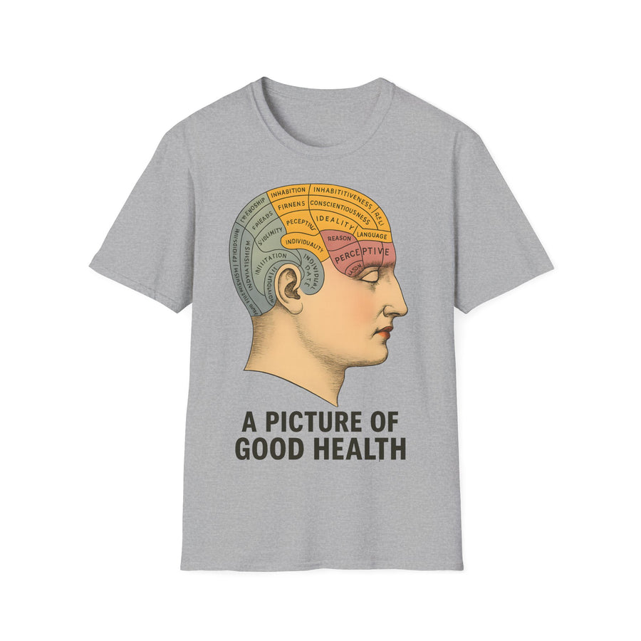 Das dunkelbraune T-Shirt zeigt vorne ein Retro-Phrenologie-Diagramm mit farbigen Hirnarealen und Schriftzug von True Insights.