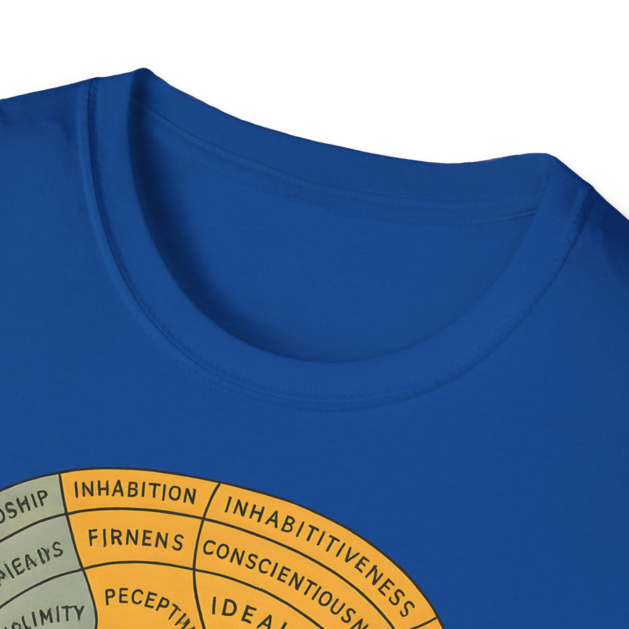 Ein dunkelbraunes T-Shirt zeigt ein stilisiertes Phrenologie-Diagramm im Retro-Stil mit bunten Hirnarealen und dem Schriftzug A Picture of Good Health, aus dem Sortiment von True Insights.