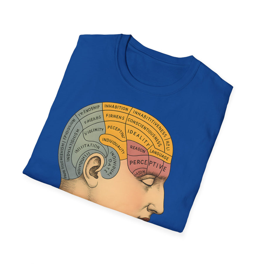 Dunkelschokoladenfarbenes T‑Shirt zeigt ein Phrenologiebild im Retro‑Stil mit farbigen Arealen und Schriftzug von True Insights.