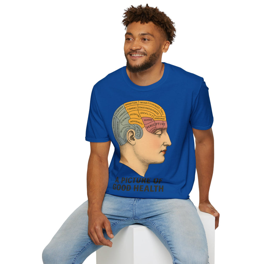 Das dunkelbraune T-Shirt präsentiert ein retro Phrenologie-Diagramm mit farbigen Hirnarealen und ironischem Schriftzug, von True Insights.