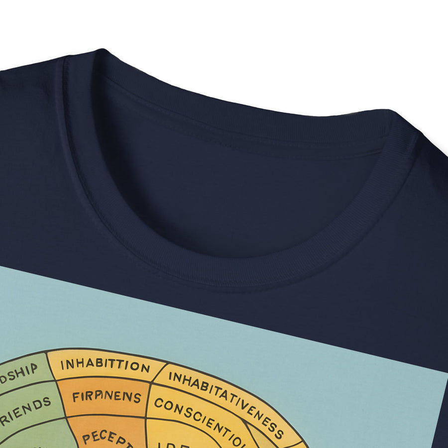 Dunkelbraunes T‑Shirt zeigt Phrenologie-Design mit farbigen Bereichen und Titel „A Picture of Good Health” von True Insights.