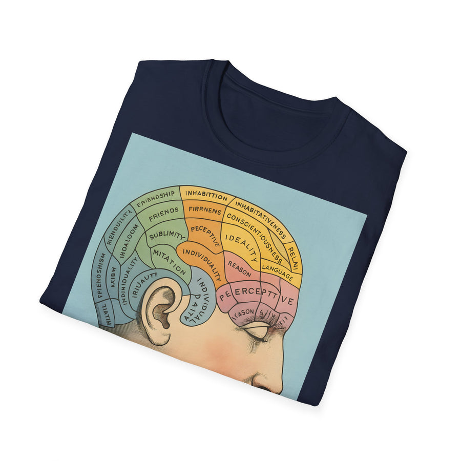 Das dunkelbraune T-Shirt zeigt ein retro Phrenologie-Diagramm mit dem Schriftzug „A Picture of Good Health“ von True Insights.
