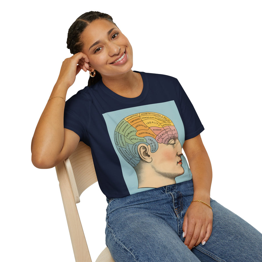 Dunkelbraunes T-Shirt zeigt vorn ein stilisiertes Retro-Phrenologie-Diagramm mit farbigen Hirnarealen von True Insights.