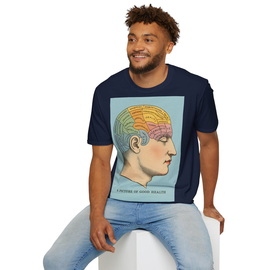 Das dunkelbraune T-Shirt zeigt ein stilisiertes Phrenologie-Diagramm mit bunten Hirnarealen im Retro-Stil von True Insights.
