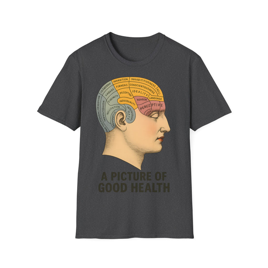 Die Frontansicht eines dunkelschokoladenfarbenen T-Shirts zeigt ein Phrenologie-Diagramm mit bunten Hirnarealen, von True Insights.