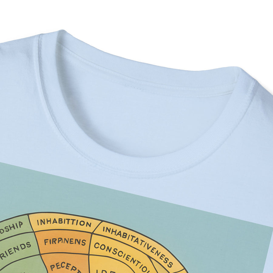 Das dunkelbraune T-Shirt zeigt vorn ein stilisiertes Retro-Phrenologie-Diagramm mit bunten Hirnarealen von True Insights.
