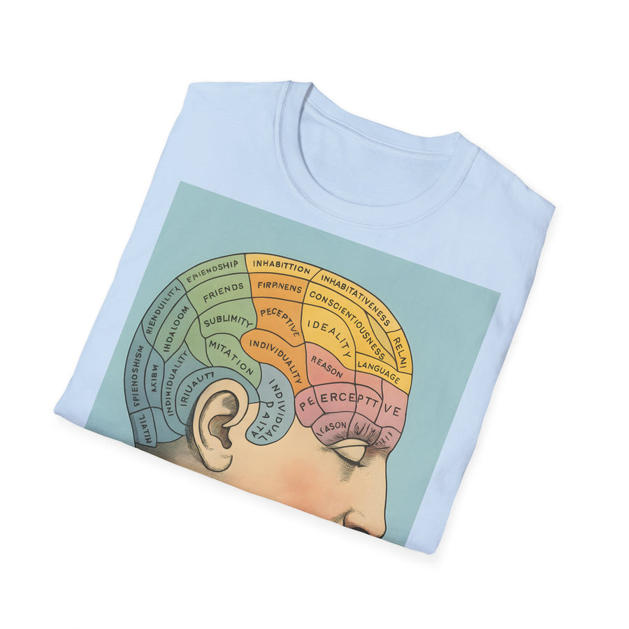 Das dunkelbraune T‑Shirt zeigt vorn ein stilisiertes Phrenologie-Diagramm im Retro-Look mit bunten Hirnarealen von True Insights.