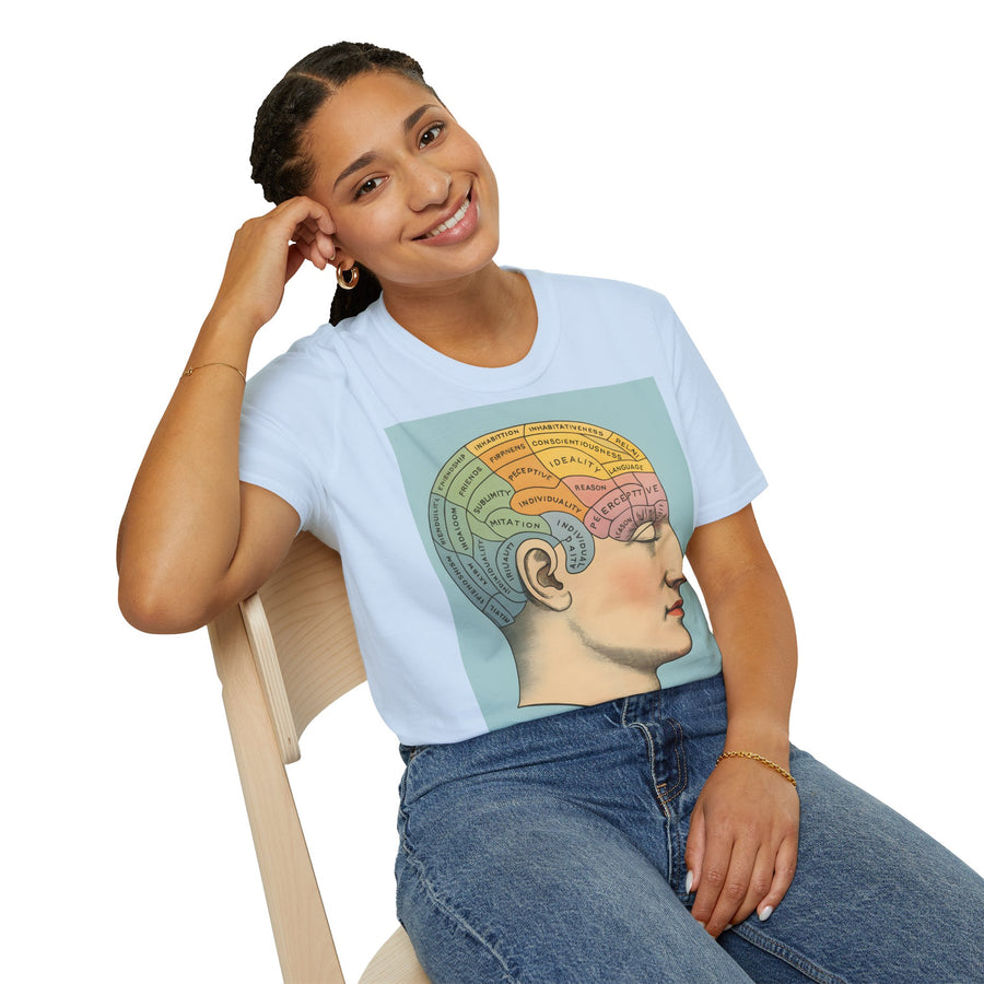 Das dunkelbraune T-Shirt präsentiert in Frontansicht ein Phrenologie-Diagramm im Retro-Stil mit bunten Hirnarealen, von True Insights.