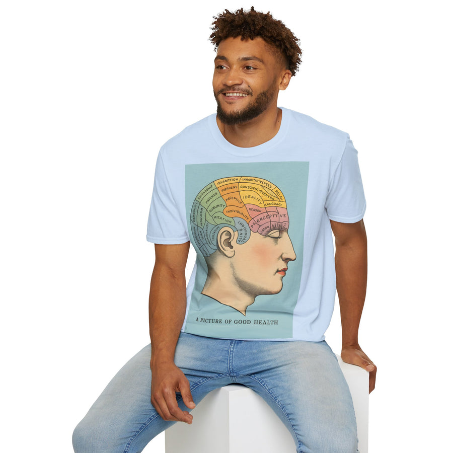 Das dunkelbraune T-Shirt zeigt ein retro-phrenologisches Diagramm mit bunten Hirnarealen und dem Schriftzug „A Picture of Good Health“ von True Insights.