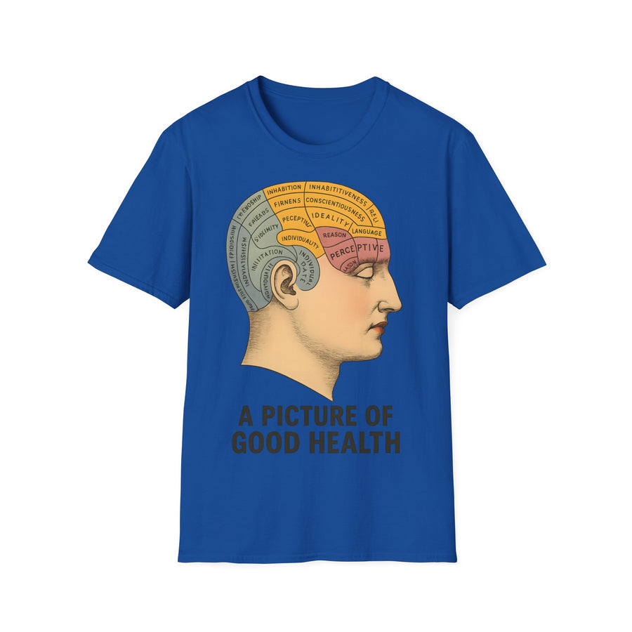 Das dunkelbraunes T‑Shirt zeigt ein retro Phrenologie-Diagramm mit bunten Hirnarealen und ironischem Schriftzug von True Insights.