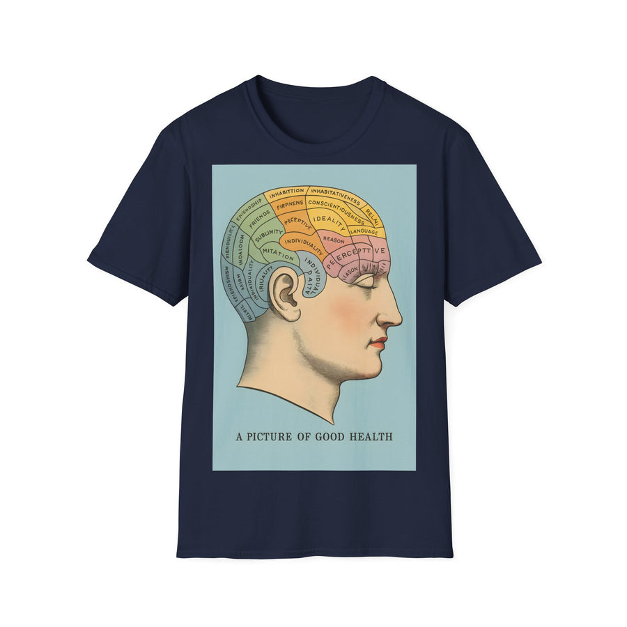 Ein dunkelbraunes T-Shirt zeigt vorn ein retro Phrenologie-Diagramm mit bunten Hirnarealen und Schriftzug, von True Insights.