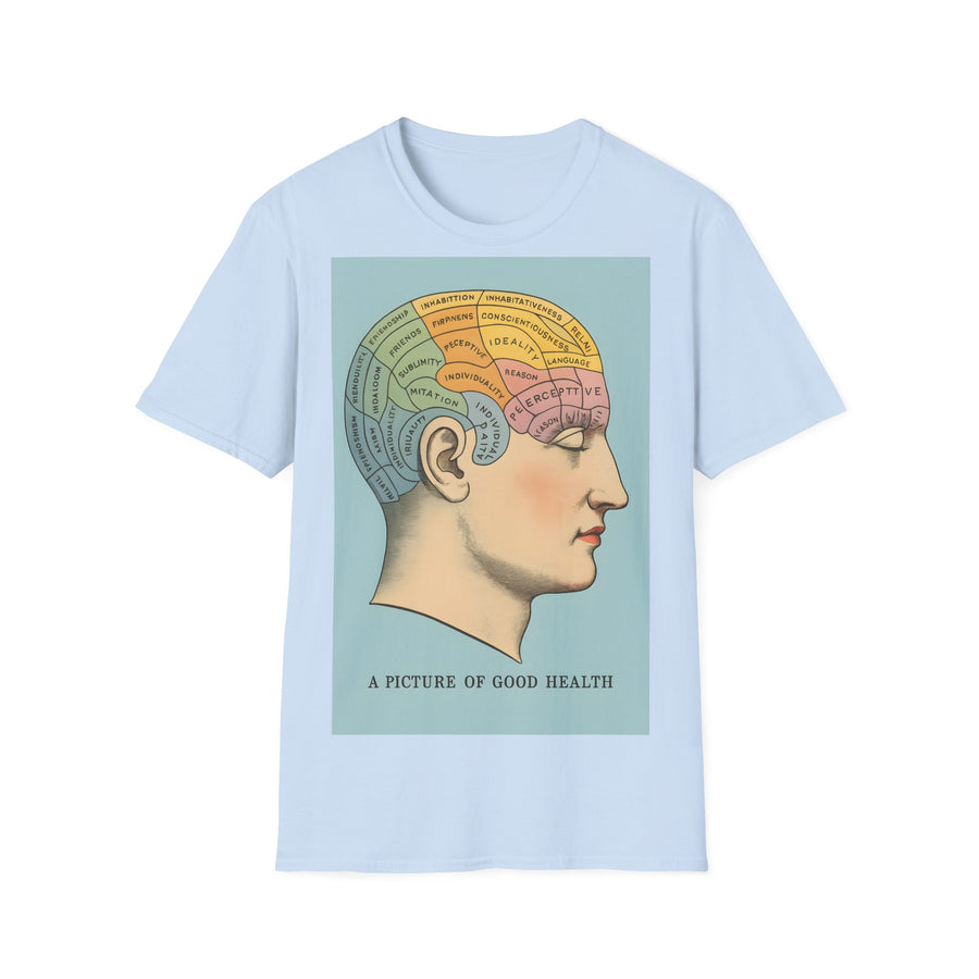 Das dunkelbraunes T-Shirt zeigt ein Retro-Phrenologie-Diagramm mit bunten Hirnarealen und feiner Linienführung von True Insights.
