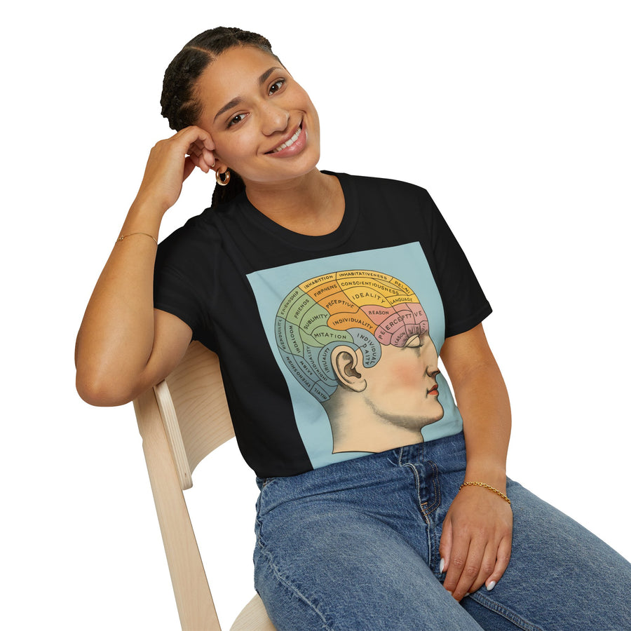 Das dunkelbraune T-Shirt zeigt ein stilisiertes Phrenologie-Diagramm im Retro-Stil mit bunten Hirnarealen und ironischem Ton, aus dem Sortiment von True Insights.