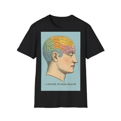 Die Frontansicht des dunkelbraunen T-Shirts präsentiert ein retro-inspiriertes Phrenologie-Diagramm mit farbigen Hirnarealen und eleganter Linienführung von True Insights.