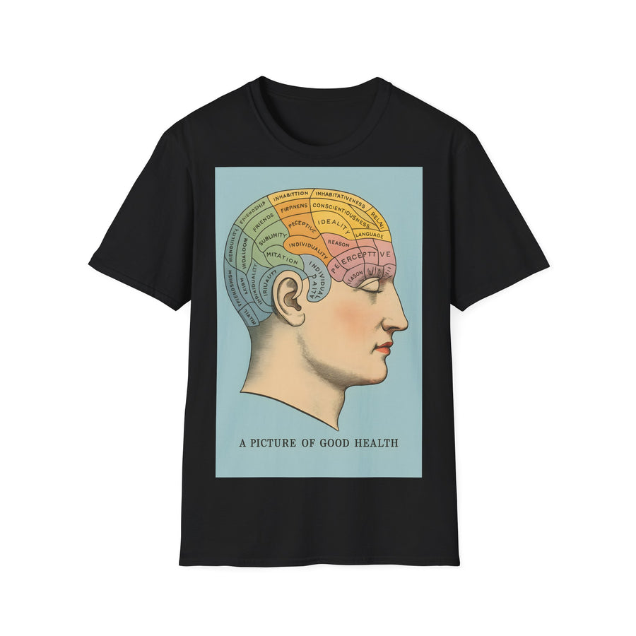 Die Frontansicht des dunkelbraunen T-Shirts präsentiert ein retro-inspiriertes Phrenologie-Diagramm mit farbigen Hirnarealen und eleganter Linienführung von True Insights.