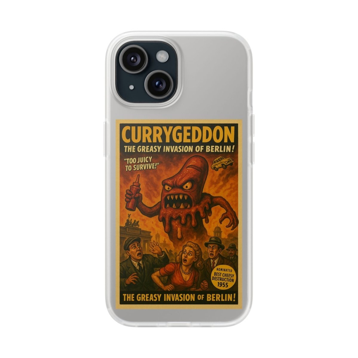 Kultige Handyhülle mit Currywurst-Monster im B-Movie-Stil. Flexibel, stoßfest und ideal für Berlin-Fans & Food-Nerds.-Phone Case-True Insights