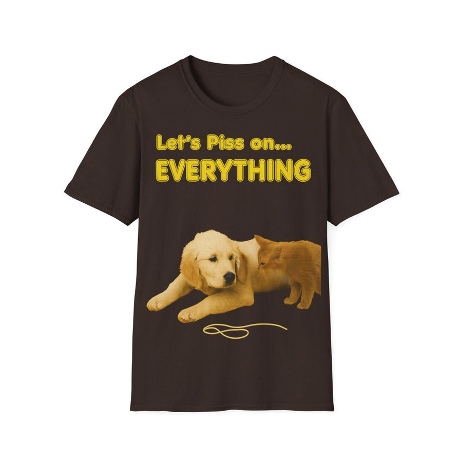 Schwarzes T-Shirt mit gelbem Text und Golden Retriever sowie Katze in Protestkunst-Stil von True Insights.