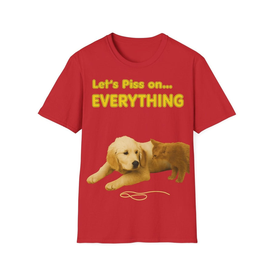 Rotes T-Shirt mit gelbem Text Let's Piss on Everything und Hund-Katzen-Motiv im Retro Kinderbuch-Satire Stil von True Insights.