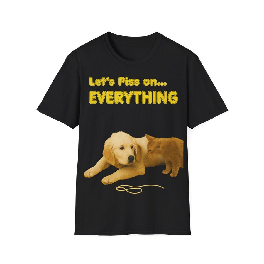Schwarzes T-Shirt mit gelbem Text und goldenem Hund-Katze-Motiv in Protestkunst-Stil von True Insights.