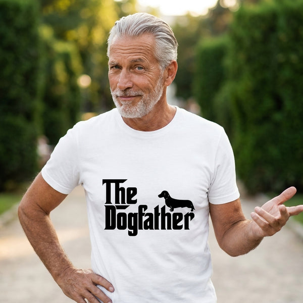 The Dogfather T-Shirt – satirisches Dackel-Motiv – getragen