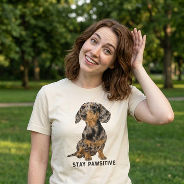 Stay Pawsitive T-Shirt – Dackel-Motiv für gute Laune – getragen