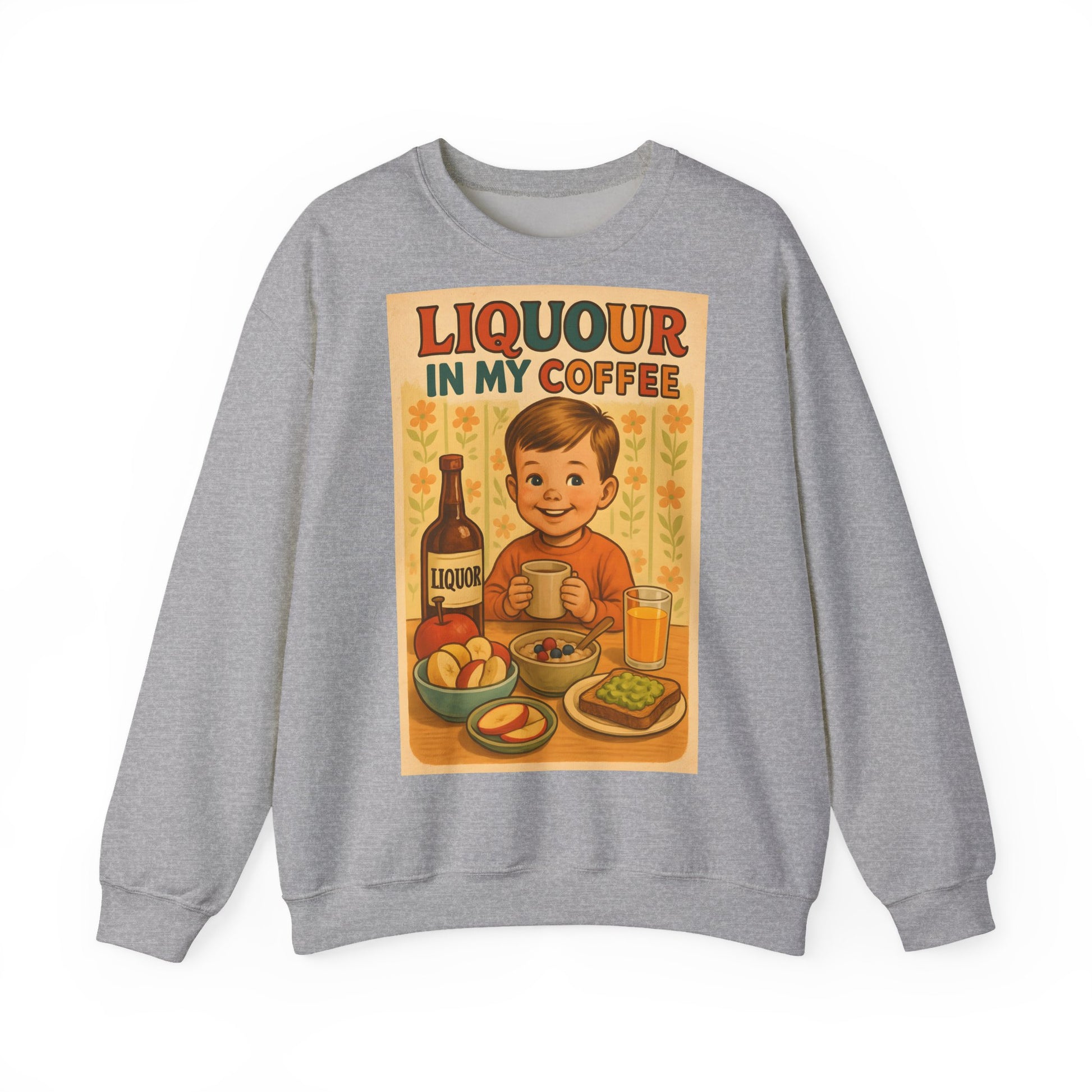 Sweatshirt – Liquor In My Coffee Sweatshirt | Retro Frühstücks-Pullover mit Satire-Motiv | Geschenk für Kaffee-Fans mit Humor | True Insights Design mit Humor