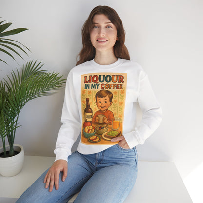 Sweatshirt – Liquor In My Coffee Sweatshirt | Retro Frühstücks-Pullover mit Satire-Motiv | Geschenk für Kaffee-Fans mit Humor | True Insights Design mit Humor