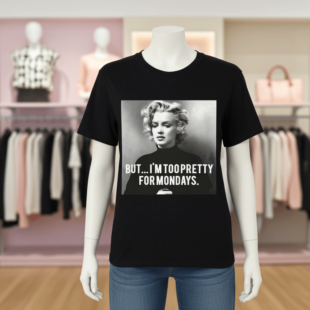 Schwarzes T-Shirt mit Marilyn-Monroe-Porträt und Schriftzug But-I'm-Too-Pretty-For-Mondays im Vintage-Pop-Art-Stil für Frauen.