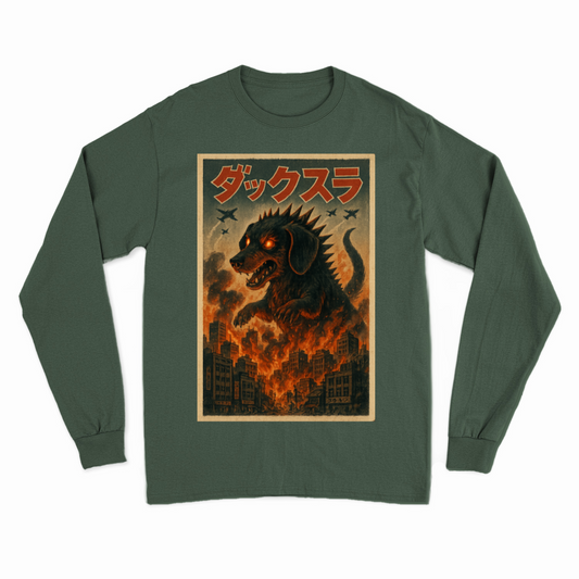 Sweatshirt – „Dackzilla zerstört die Stadt“ Lustiges Kaiju-Dackel-Motiv im Vintage-Stil – Lustiges Sweatshirt | True Insights – Bild 1