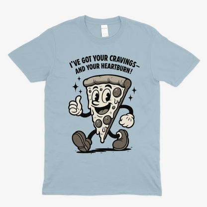 „Pizza Satire T-Shirt – Lustiges Retro Cartoon Shirt mit Spruch ‚Cravings & Heartburn‘-T-Shirt-True Insights