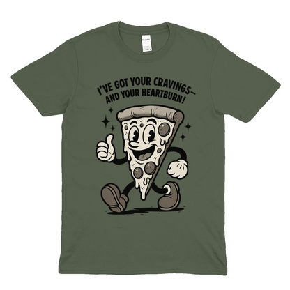 „Pizza Satire T-Shirt – Lustiges Retro Cartoon Shirt mit Spruch ‚Cravings & Heartburn‘-T-Shirt-True Insights