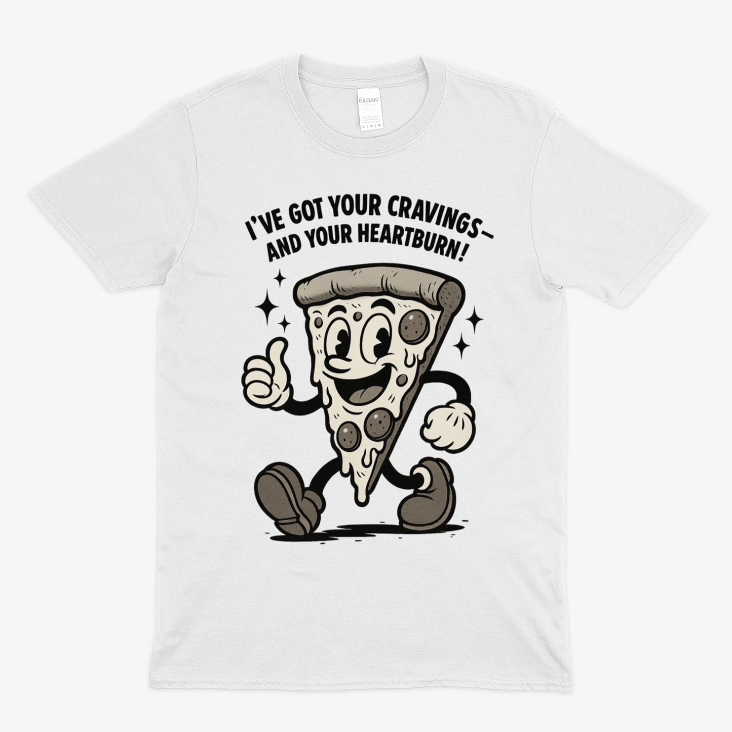 „Pizza Satire T-Shirt – Lustiges Retro Cartoon Shirt mit Spruch ‚Cravings & Heartburn‘-T-Shirt-True Insights