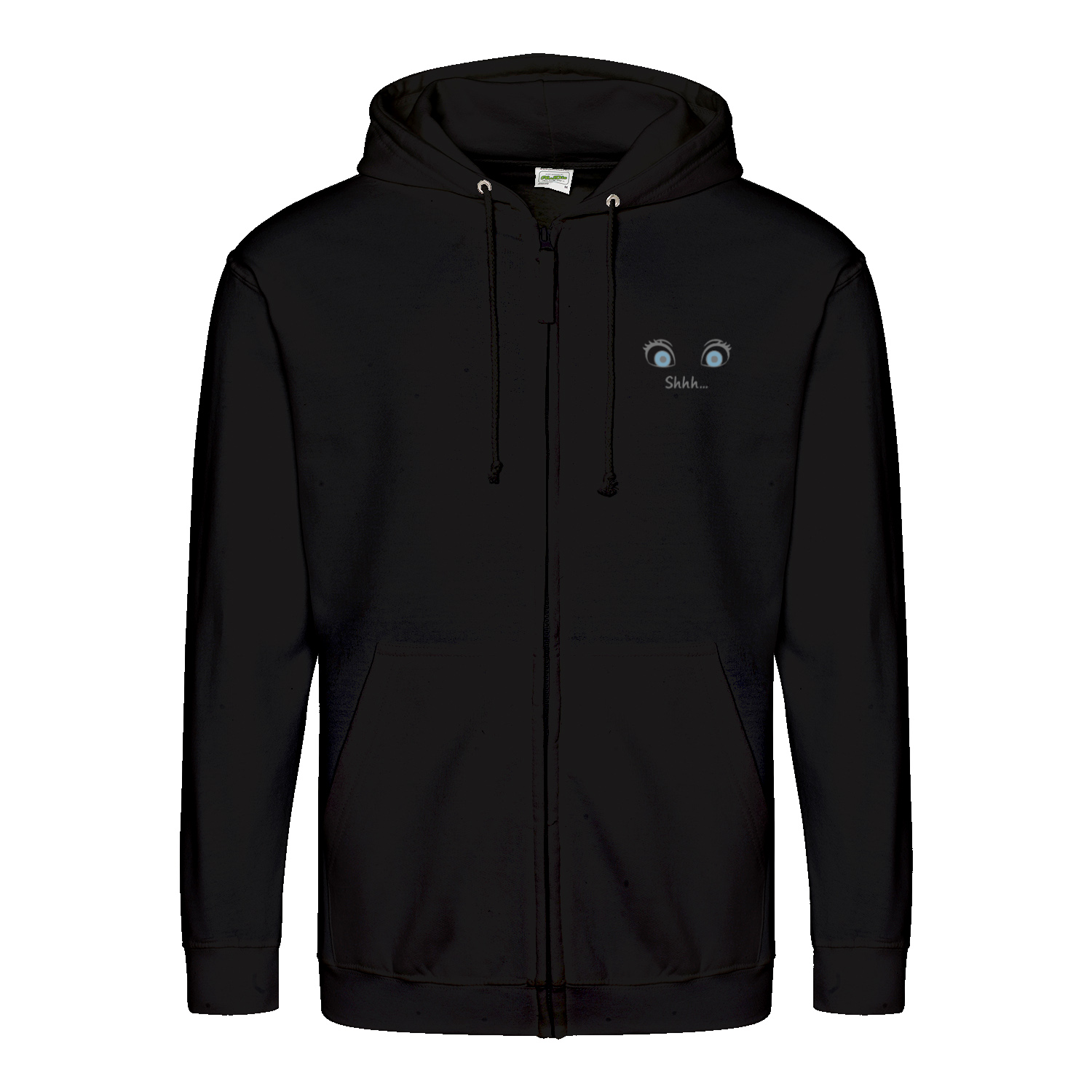 Shhh Hoodie – Cartoon-Hoodie mit geheimnisvollem Backprint & Augen-Design | Satirische Streetwear mit Ironie-Zip Hoodie-True Insights