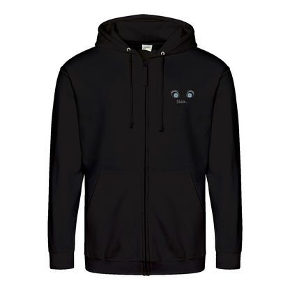 Shhh Hoodie – Cartoon-Hoodie mit geheimnisvollem Backprint & Augen-Design | Satirische Streetwear mit Ironie-Zip Hoodie-True Insights