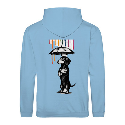Dackel „Color Rain“ – Urban Street-Art Hoodie mit buntem Farbregen