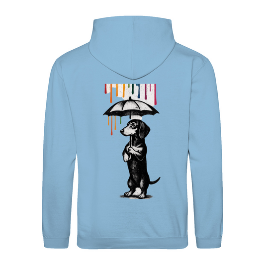Dackel „Color Rain“ – Urban Street-Art Hoodie mit buntem Farbregen
