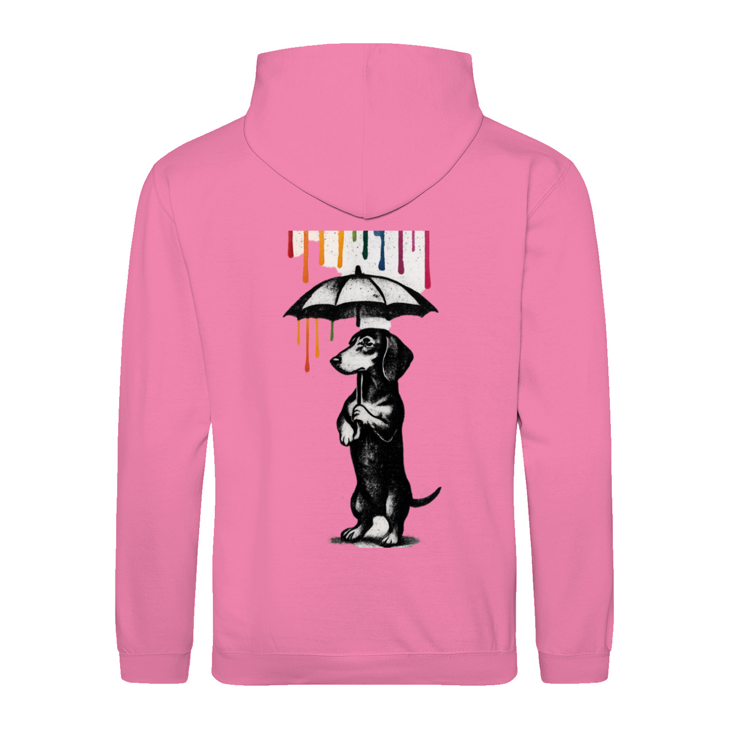 Dackel „Color Rain“ – Urban Street-Art Hoodie mit buntem Farbregen