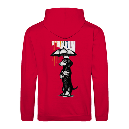 Dackel „Color Rain“ – Urban Street-Art Hoodie mit buntem Farbregen