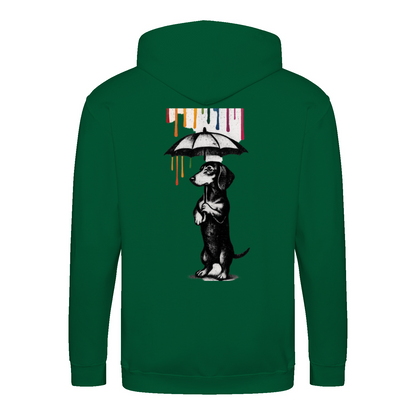 Dackel „Color Rain“ – Urban Street-Art Zip-Hoodie mit Dackel & Farbregen